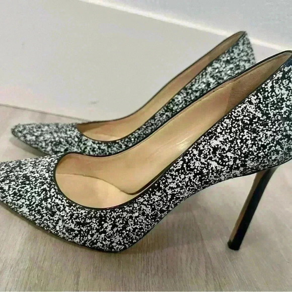 Jimmy Choo Monochrome Coarse Glitter Fabric Romy Pointed Toe Pumps Size 36 - Picture 5 of 12